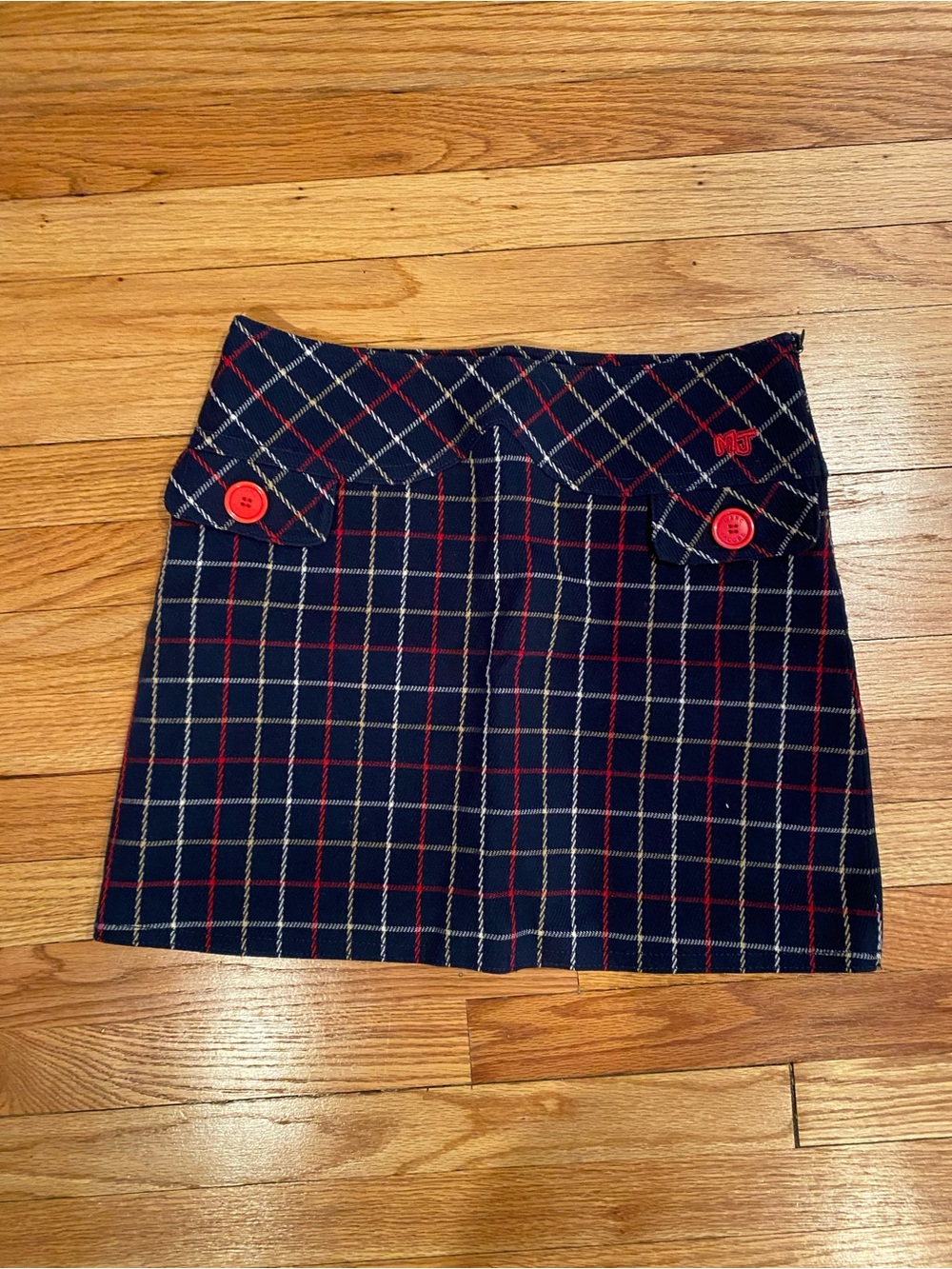 Marc Jacobs Navy Plaid A-Line Mini Skirt with Red Button Accents